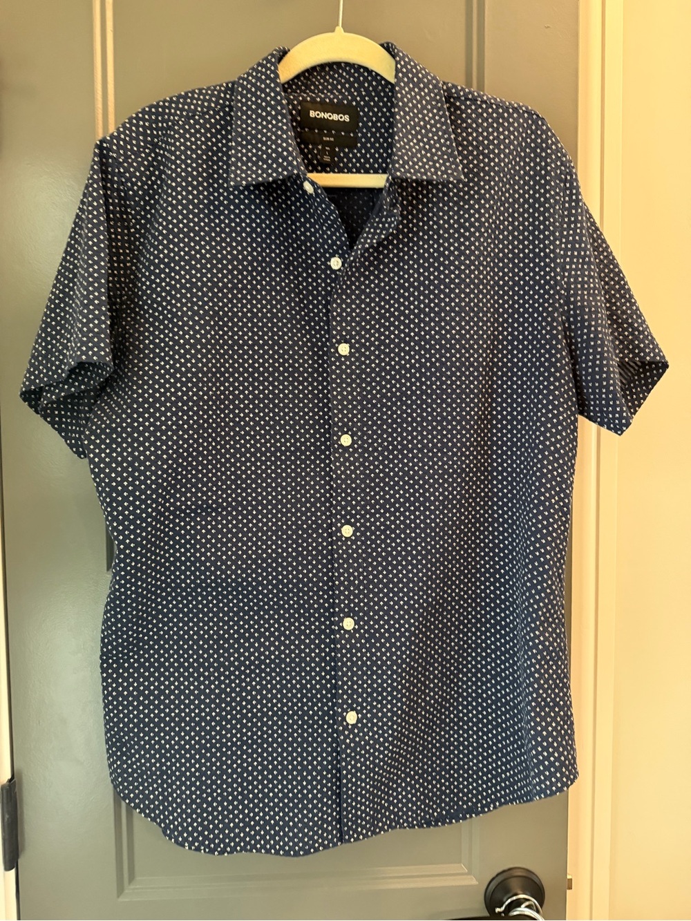 Bonobos Navy Blue Short-Sleeve slim fit  Shirt with White Dot Print L